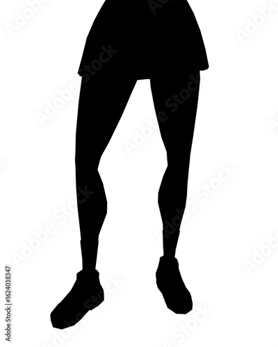 A young college girl's black and white silhouette features her legs in a stylish skirt and shoes, standing elegantly against a clean white background. The minimalist composition highlights feminine.