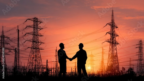 Sunset energy deal engineers shake hands at power plant