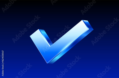 3d check or tick icon in shining metal style, isolated on dark blue background. Check icon in 3d vector illustration. Vector illustration