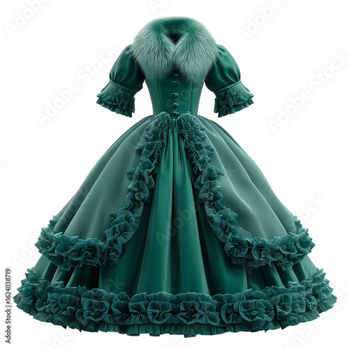 Elegant green gown with fur collar victorian era formal dress apparel isolated on transprint background