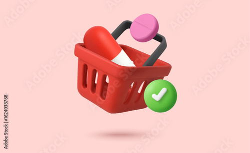 3d shopping basket with medical capsule and tablet pill, green check mark, isolated on background. Valid medical shopping cart concept in 3d vector illustration. Vector illustration