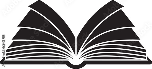 Black open book with fanned pages graphic reading