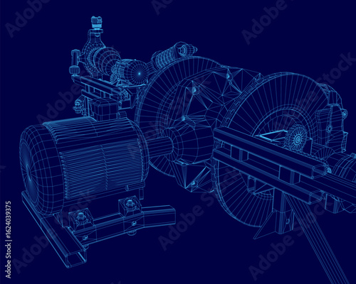 A 3D wireframe model of an electric motor features detailed mechanical components like pistons and motor parts. The blueprint-style design is displayed on a clean blue background.