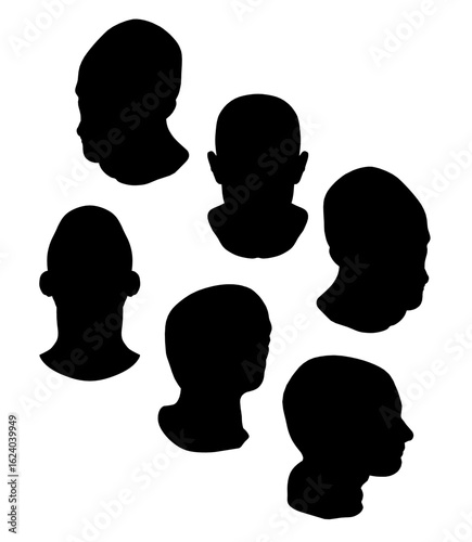 Black silhouettes of human heads stand out sharply against a clean white background. The minimalist composition highlights facial profiles with strong contrast.