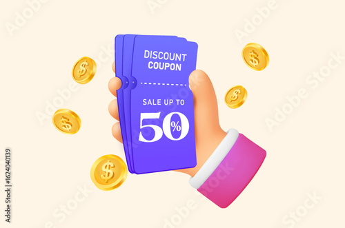 3d hand holding gift voucher cards with coupon code, percentage off, golden coins flying around, isolated on background. Cashback coupon concept in 3d vector illustration. Vector illustration