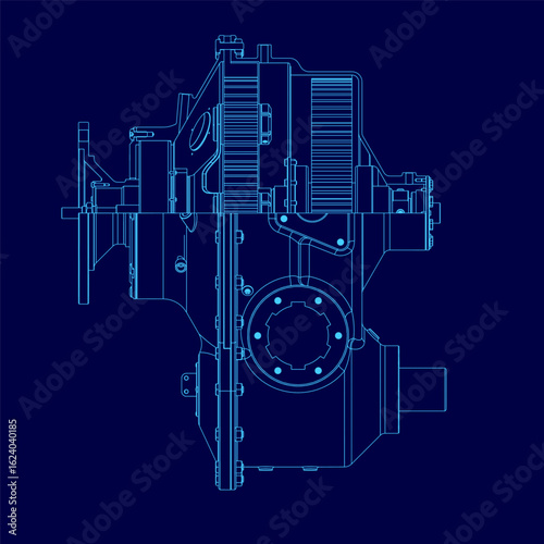 A detailed blueprint of a gearbox features intricate mechanical components on a blue background. The design includes propeller and turbine elements with precise contour lines.
