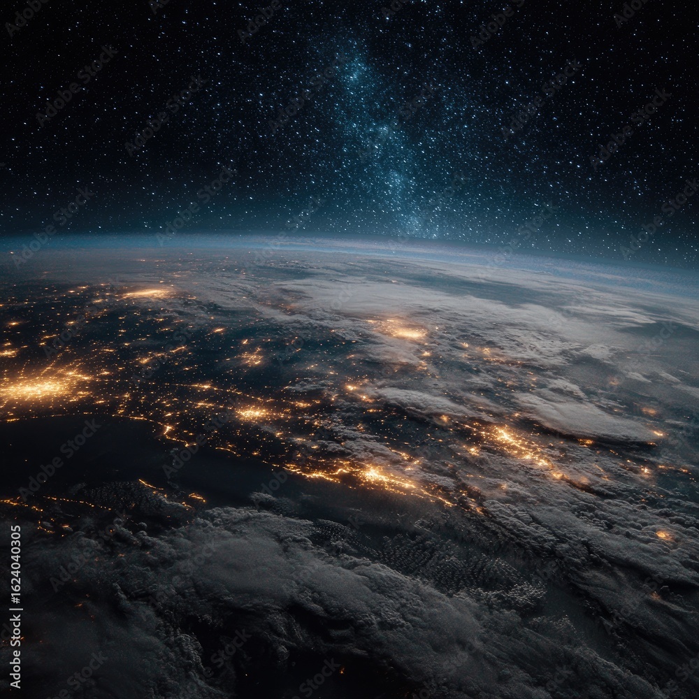 Fototapeta premium Earth at night, lit by city lights, with clouds and stars