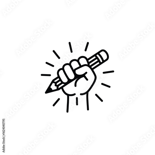 Fist holding a pencil with radiating lines