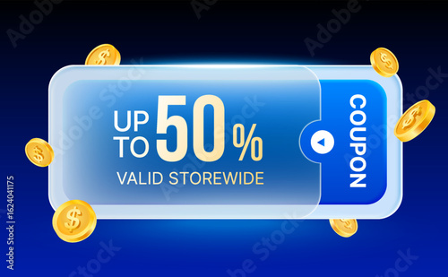 3d blue voucher cashback card inside a glass envelope with coupon code, percentage off, isolated on background. Gift voucher with glass style in 3d vector illustration. Vector illustration