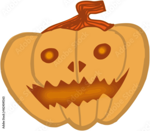 A cartoon-style, grinning Halloween pumpkin with a crayon-like texture, set against a playful, spooky backdrop.