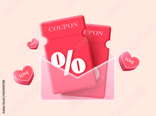 3d couple of pink gift voucher cards in a transparent envelope, isolated on background with flying hearts icon, isolated on background. 3d cashback coupon in vector illustration. Vector illustration