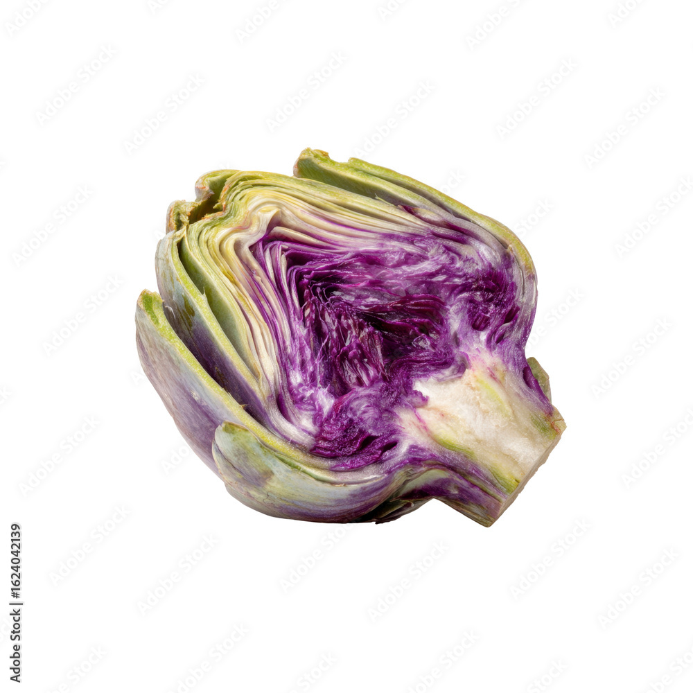 Obraz premium Halved Artichoke Heart with Vibrant Purple Hues, Close-up Studio Shot