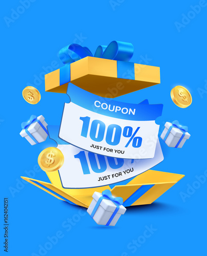 3d exploded gift box with gift voucher cards, coupon code, percentage off, flying gift boxes and golden coins, isolated on background. Coupon popup banner template in 3d vector illustration. Vector