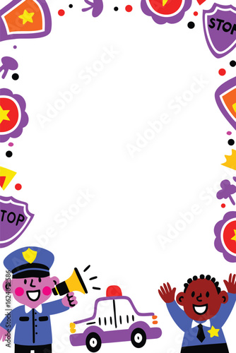 Police Officer & Kids Vertical & Portrait Poster Template. Community Helper Frame with Blank Copy Space