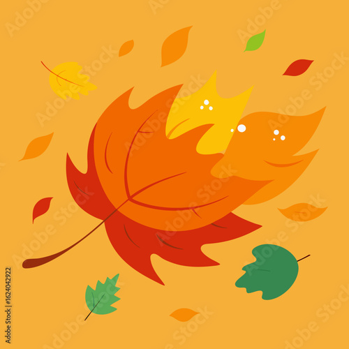 Autumn leaves falling in warm colors on an orange background