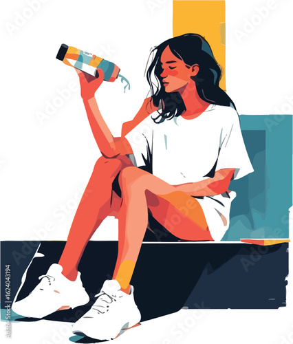 Young woman in athletic wear drinking from a bottle isolated on white background