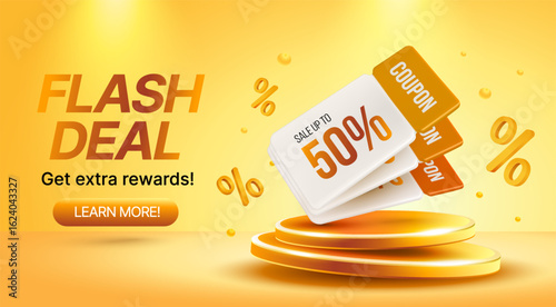 Flash sale podium banner with 3d card voucher cashback on stage, coupon code, percent icon, isolated on background. Flash deal coupon banner concept in 3d vector illustration. Vector illustration
