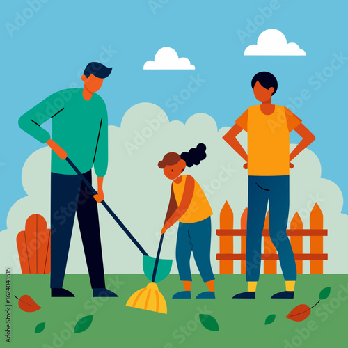 Family raking leaves in the yard together