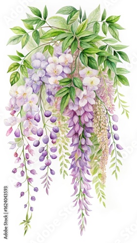 Watercolor floral arrangement with wisteria vines and pastel green foliage
