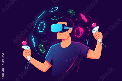  Man Wearing VR Headset in Neon Metaverse