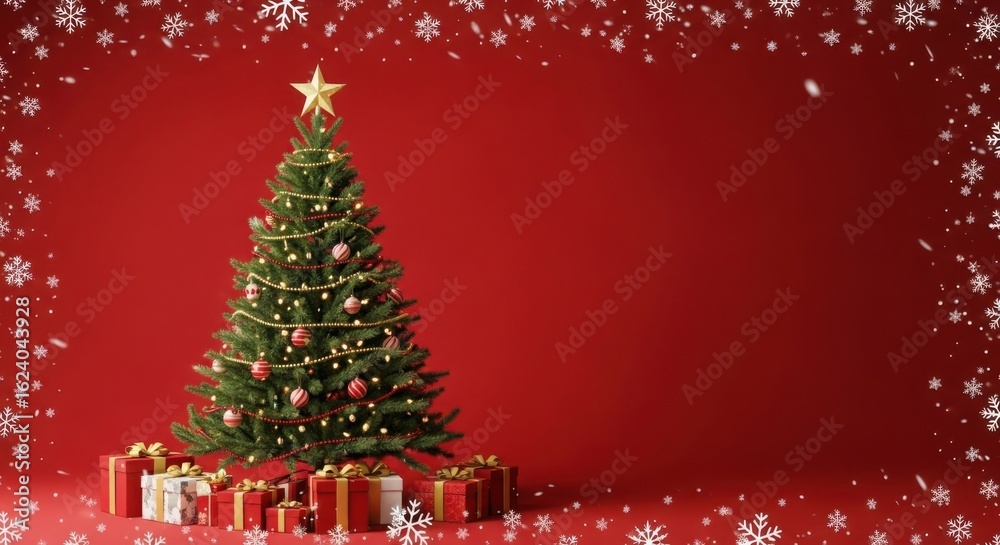 Decorated Christmas Tree with Gifts and Snowflakes on Red Background Decorated Christmas Tree with Gifts and Snowflakes on Red Background