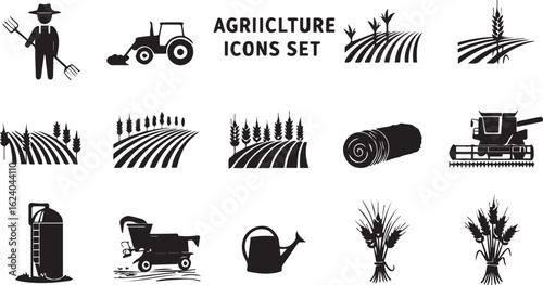 Agriculture silhouette icon set. farming, crop, wheat, harvest, grain icons collection,