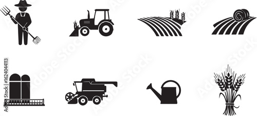 Agriculture silhouette icon set. farming, crop, wheat, harvest, grain icons collection,