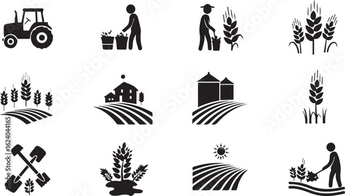 Agriculture silhouette icon set. farming, crop, wheat, harvest, grain icons collection,