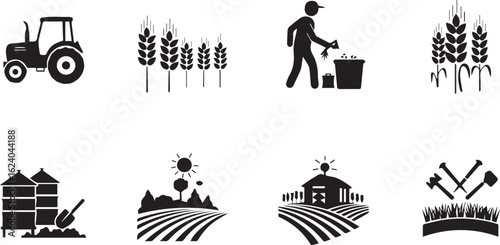 Agriculture silhouette icon set. farming, crop, wheat, harvest, grain icons collection,