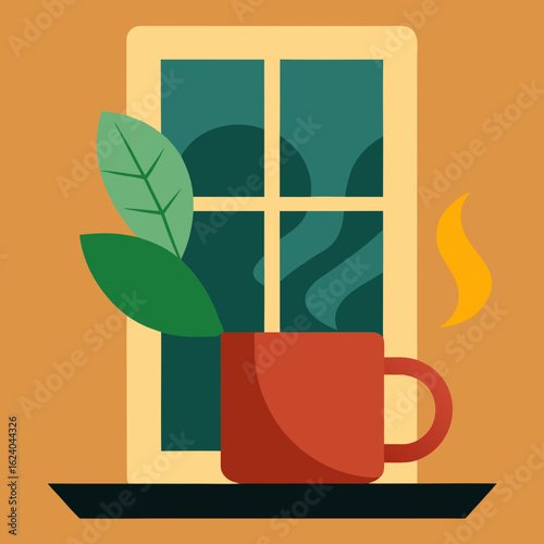 Cozy morning scene with hot drink and plant by the window