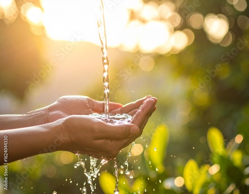 Water pouring into hands above green plants in soft morning light.