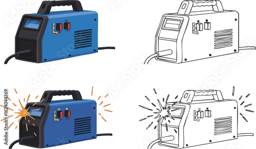 Blue Welding Machine with Sparks and Line Art Version.