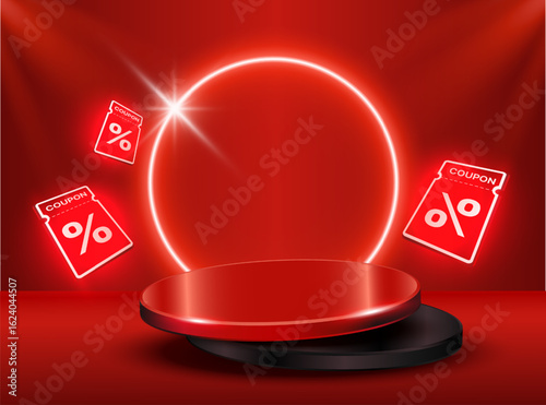3d red podium banner template with flying coupons, red neon and spotlight, isolated on background. Product showcase background with stage in 3d vector illustration. Vector illustration
