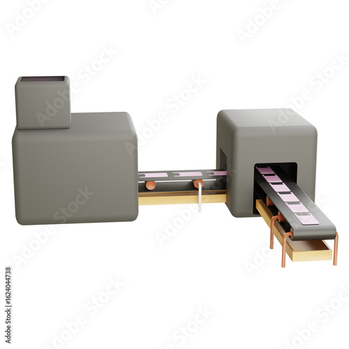 3D illustration of a factory machine with conveyor belt system, symbolizing automation, industrial workflow, or modern production line process efficiency.


