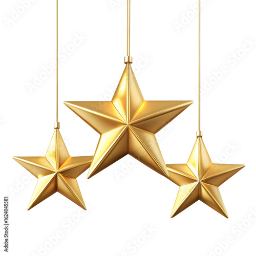 Three hanging golden stars in mixed sizes on transparent background  