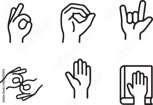 Outline Hand Gesture Icon Set with Communication and Expression Symbols.
