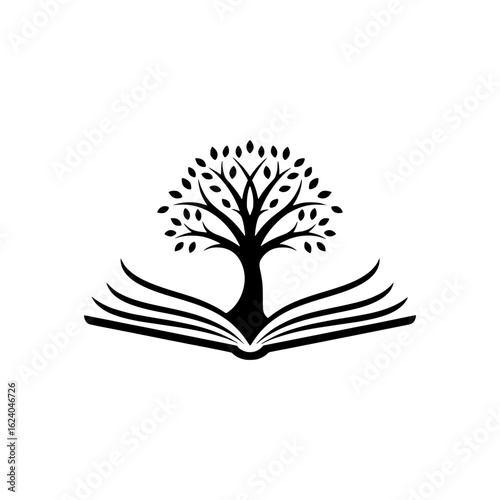 solid black vector of open book with a tree growing inside