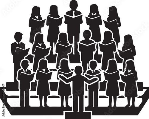 Black silhouette of a choir singing on risers with conductor music performance