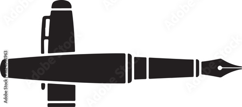 Black silhouette of a classic fountain pen with a nib writing instrument writing
