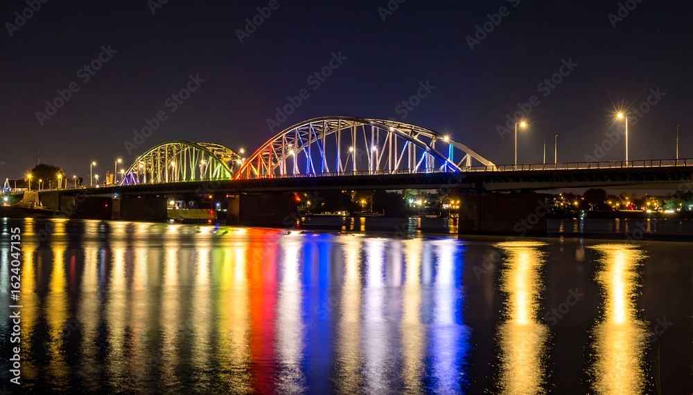 Naklejka premium Colorful bridge at night over water