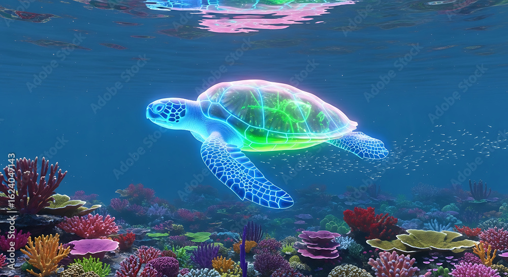 Obraz premium Vibrant sea turtle swimming gracefully over a colorful coral reef ecosystem in a blue ocean habitat