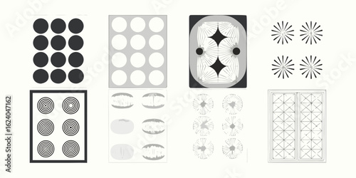 Collection of geometric patterns and abstract designs featuring circles stars and window panes