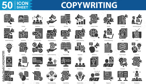Copywriting Icon Set Collection. containing newspaper, catalog, marketing, advertising, brochure, marketing, content creator, quality, company, marketing agency icon. simple glyph vector illustration