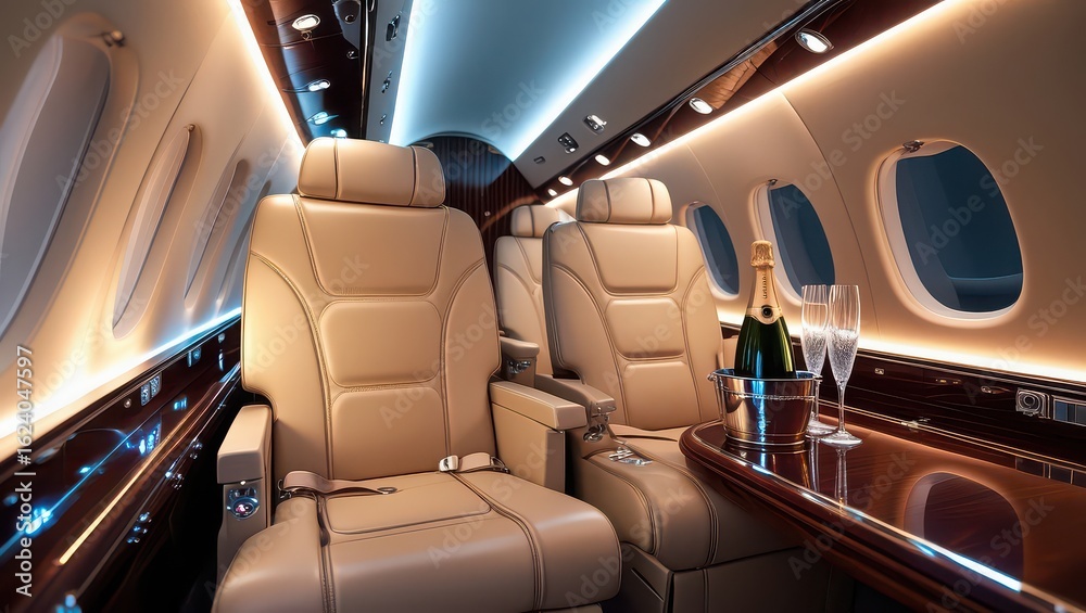 Obraz premium Interior of a private jet with champagne bottle and glasses on a table near leather seats
