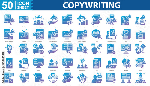 Copywriting Icon Set Collection. Containing newspaper, catalog, marketing, advertising, brochure, marketing, content creator, quality, company icon.