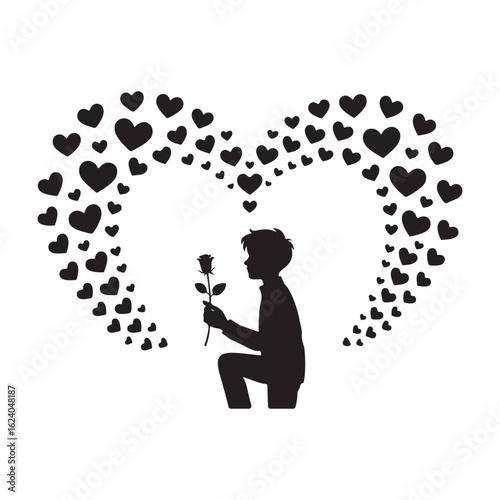 A silhouette of a boy proposing love with a rose inside a large heart made of small hearts.