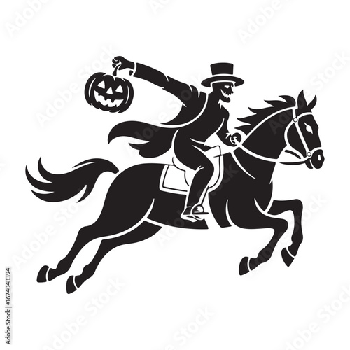 Silhouette of a rider and horse holding a Halloween pumpkin, the horse galloping at a fast pace.