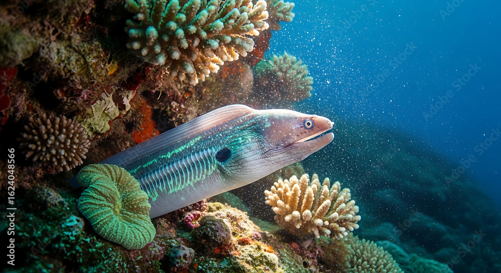 Fototapeta premium Explore a stunning moray eel swimming near vibrant coral reefs in clear blue ocean waters, underwater life