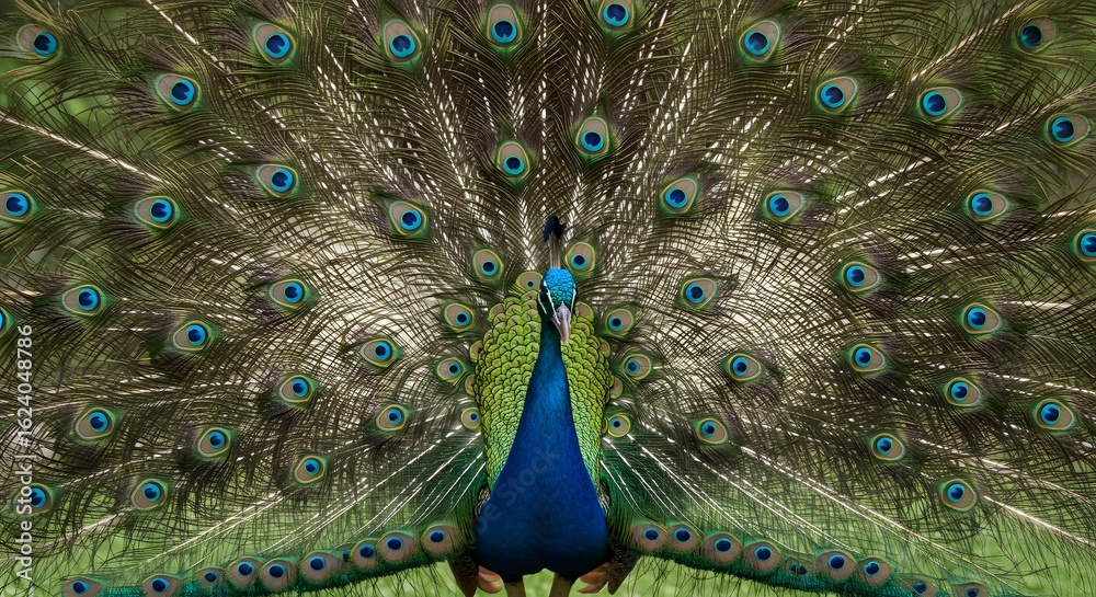 Fototapeta premium Majestic Peacock in Display: A resplendent peacock showcases its stunning plumage in full display, a symbol of beauty and grace in its natural habitat.