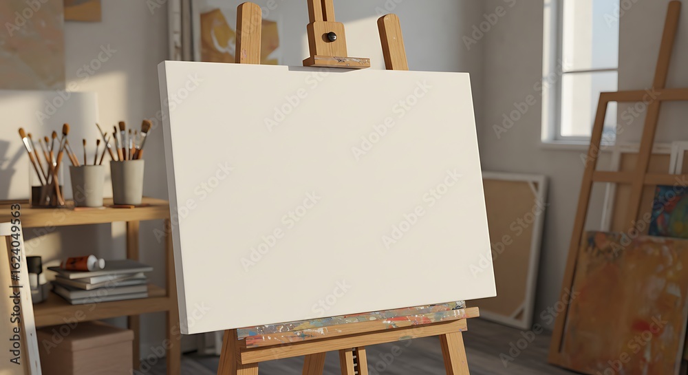 Blank canvas on easel in sunlit artist's studio, ready for painting. Blank canvas on easel in sunlit artist's studio, ready for painting.